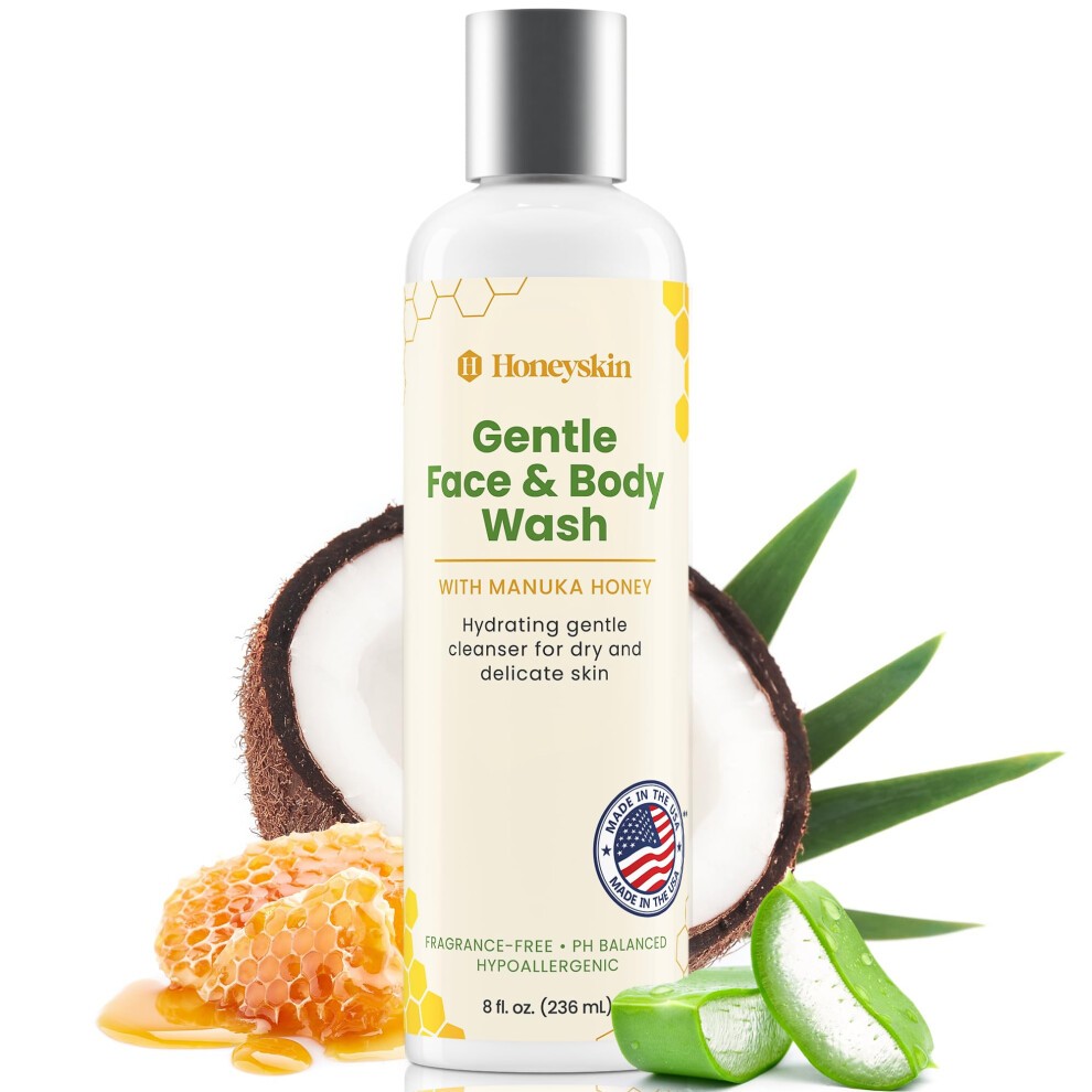 Honeyskin Face and Body Wash for Women and Men - Acne Body Wash Moisturizing for Sensitive Skin - Hydrating Facial Cleanser - Gentle Exfoliation - Sul