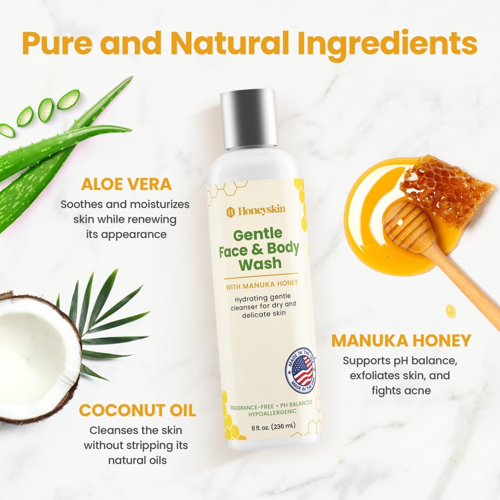 Honeyskin Face and Body Wash for Women and Men - Acne Body Wash Moisturizing for Sensitive Skin - Hydrating Facial Cleanser - Gentle Exfoliation - Sul thumbnail