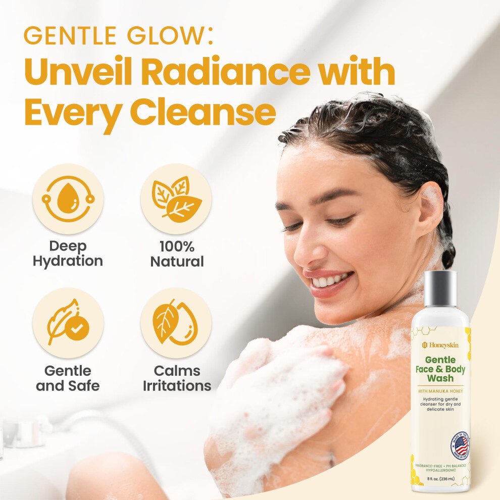 Honeyskin Face and Body Wash for Women and Men - Acne Body Wash Moisturizing for Sensitive Skin - Hydrating Facial Cleanser - Gentle Exfoliation - Sul thumbnail