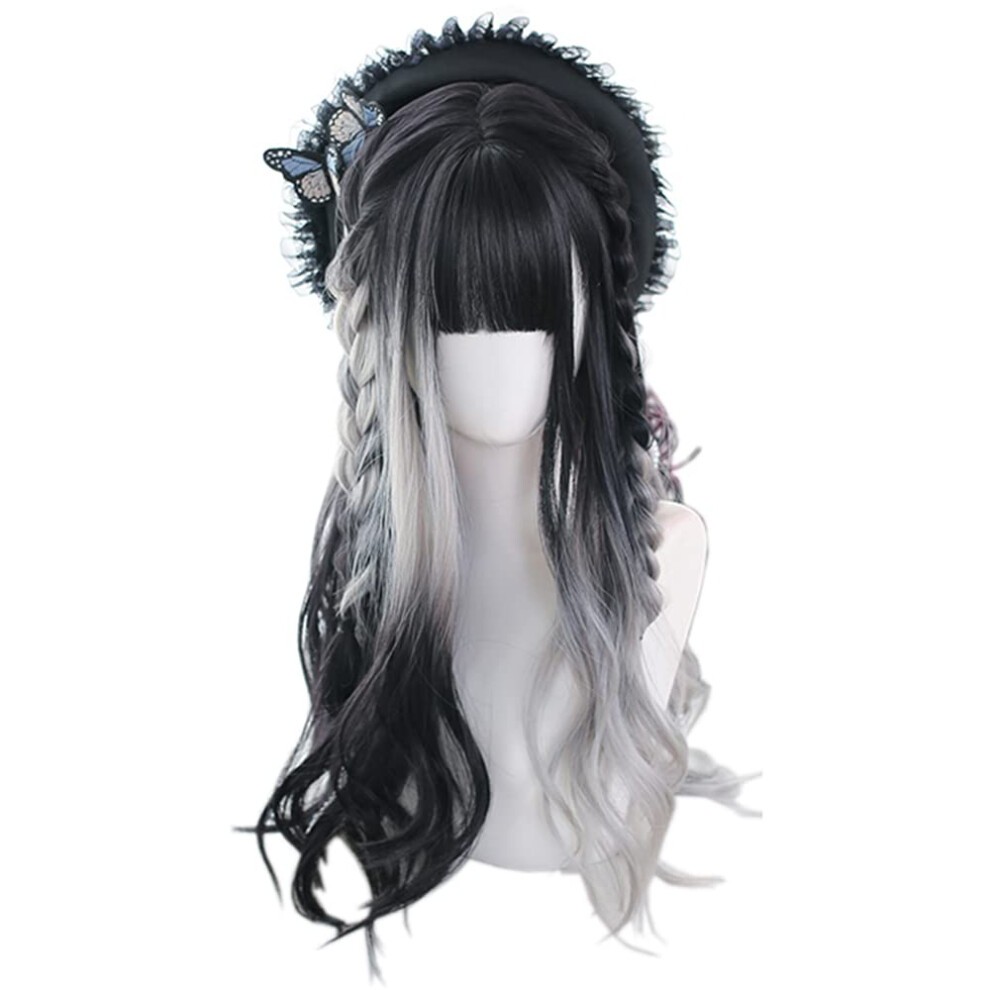 Osseoca Wavy Long Black White Synthetic Hair Lifelike Daily Sweet Lolita Japanese Hot Princess Cosplay Party Natural Female Wigs with Bangs (16)