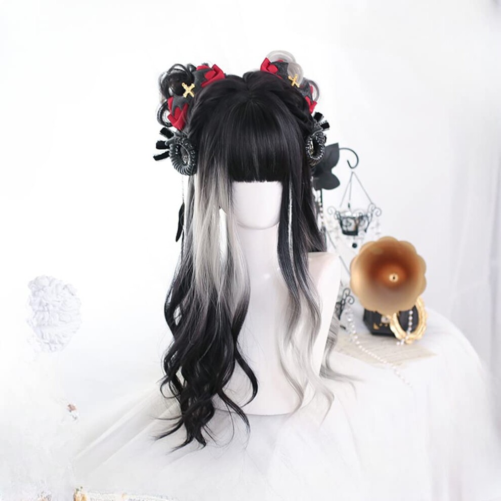 Osseoca Wavy Long Black White Synthetic Hair Lifelike Daily Sweet Lolita Japanese Hot Princess Cosplay Party Natural Female Wigs with Bangs (16) thumbnail
