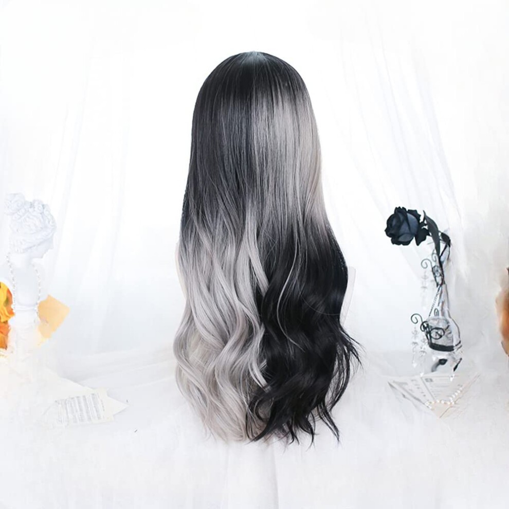 Osseoca Wavy Long Black White Synthetic Hair Lifelike Daily Sweet Lolita Japanese Hot Princess Cosplay Party Natural Female Wigs with Bangs (16) thumbnail