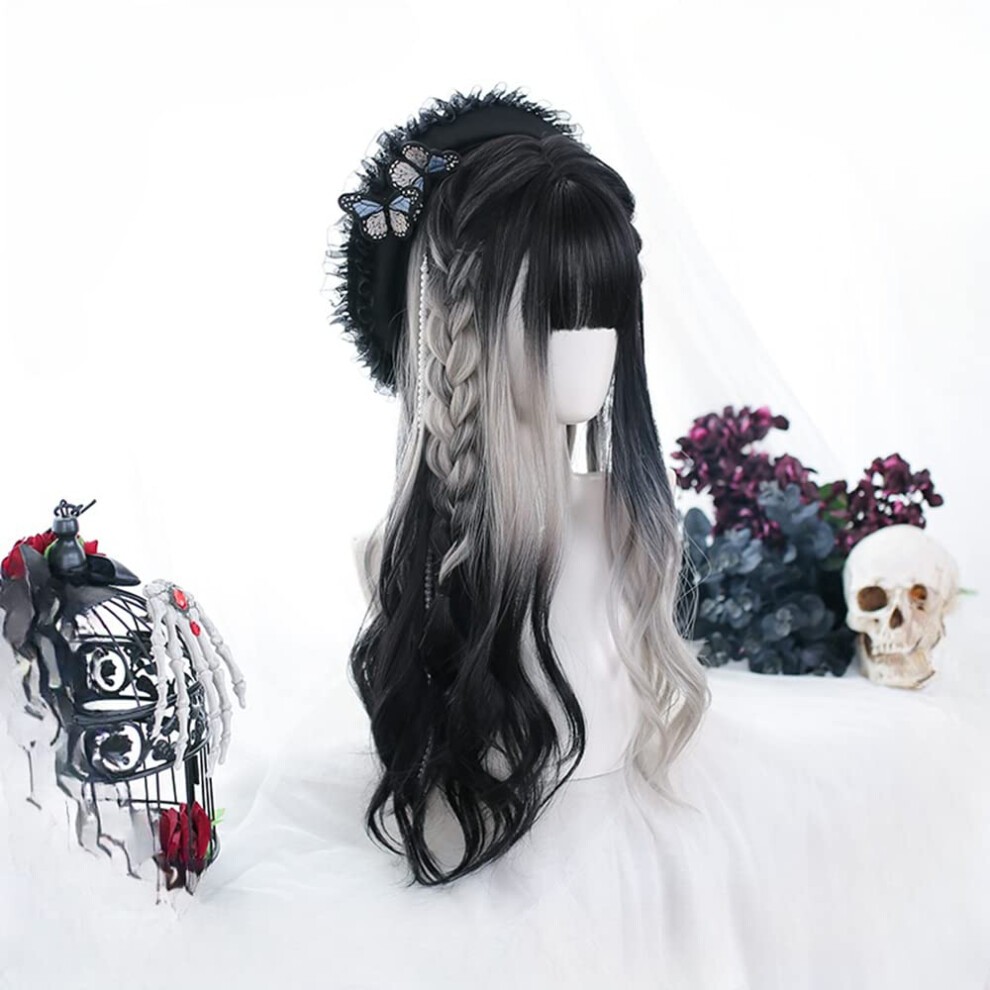 Osseoca Wavy Long Black White Synthetic Hair Lifelike Daily Sweet Lolita Japanese Hot Princess Cosplay Party Natural Female Wigs with Bangs (16) thumbnail