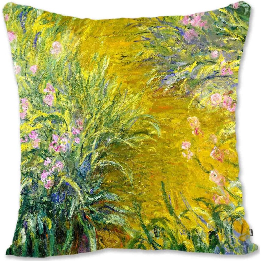 Decorative Throw Pillow Case Cover Landscape Art - Monet - Irises and Water Lilies - MO-Path Through the Irises - Mo