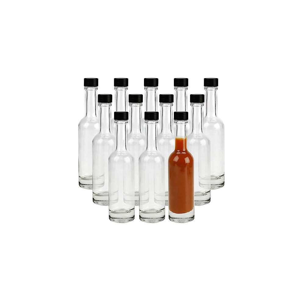 12 Pack Sauce & Liquor Bottles - Glass 150ml (5 Fl Oz) Empty Spirit Bottles with Leak Proof Black Screw Caps - for Hot Sauce, Oils & Dressings - Small
