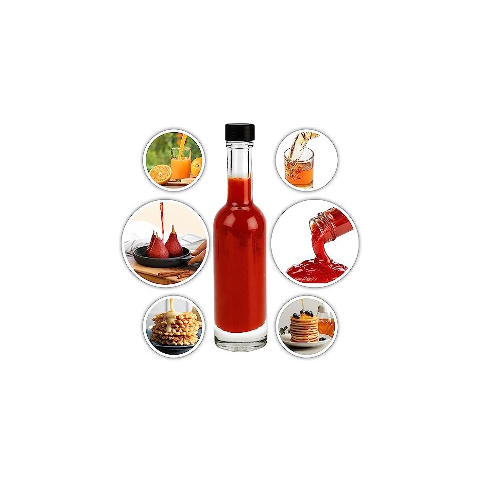 12 Pack Sauce & Liquor Bottles - Glass 150ml (5 Fl Oz) Empty Spirit Bottles with Leak Proof Black Screw Caps - for Hot Sauce, Oils & Dressings - Small thumbnail