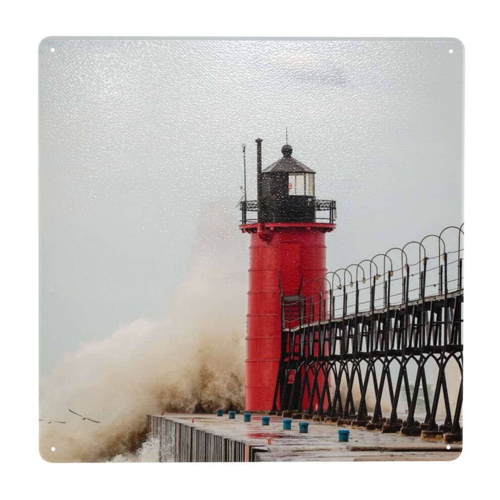 (South Haven Lighthouse Withstanding the Waves=9764) Metal Tin Sign 12x12