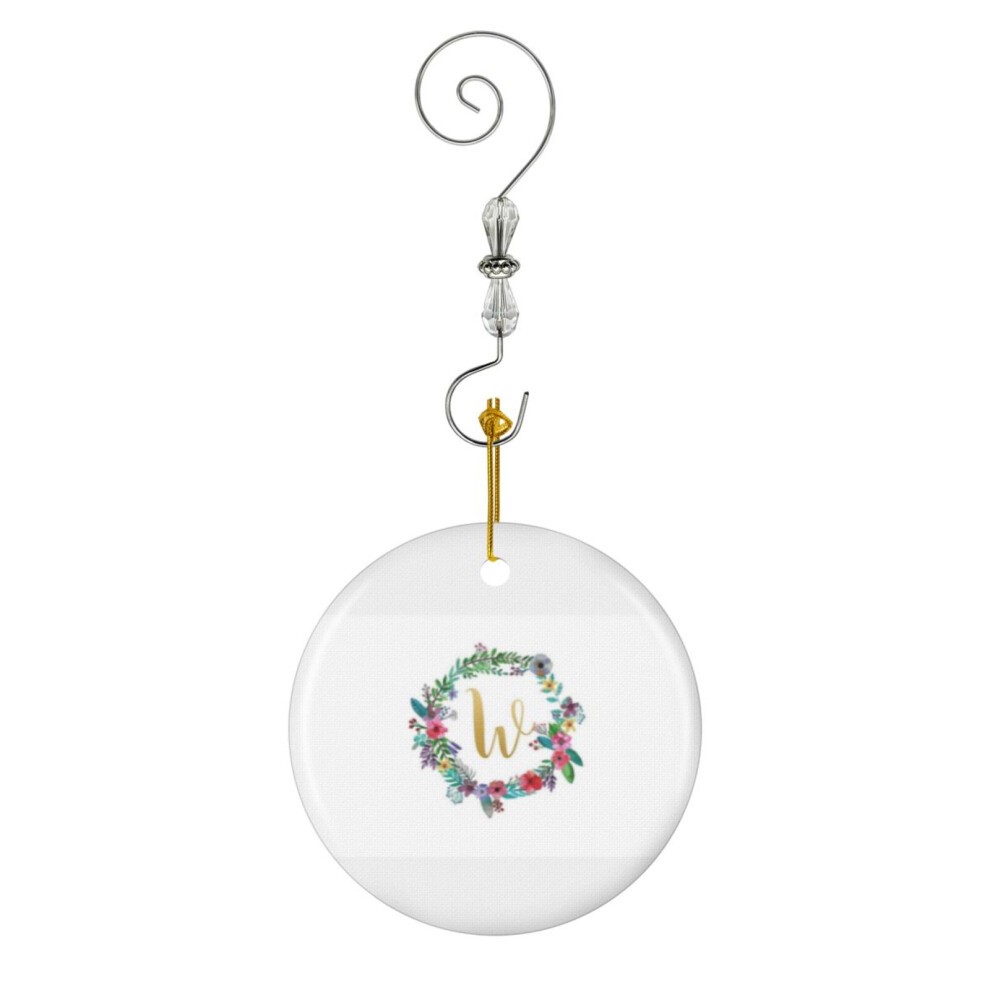(Floral Initial Wreath Monogram W-9734) Christmas Ornaments Ceramic Charm with Hook Crystal Handmade Xmas Tree Decorations KeepsakeÂStocking Stuffer