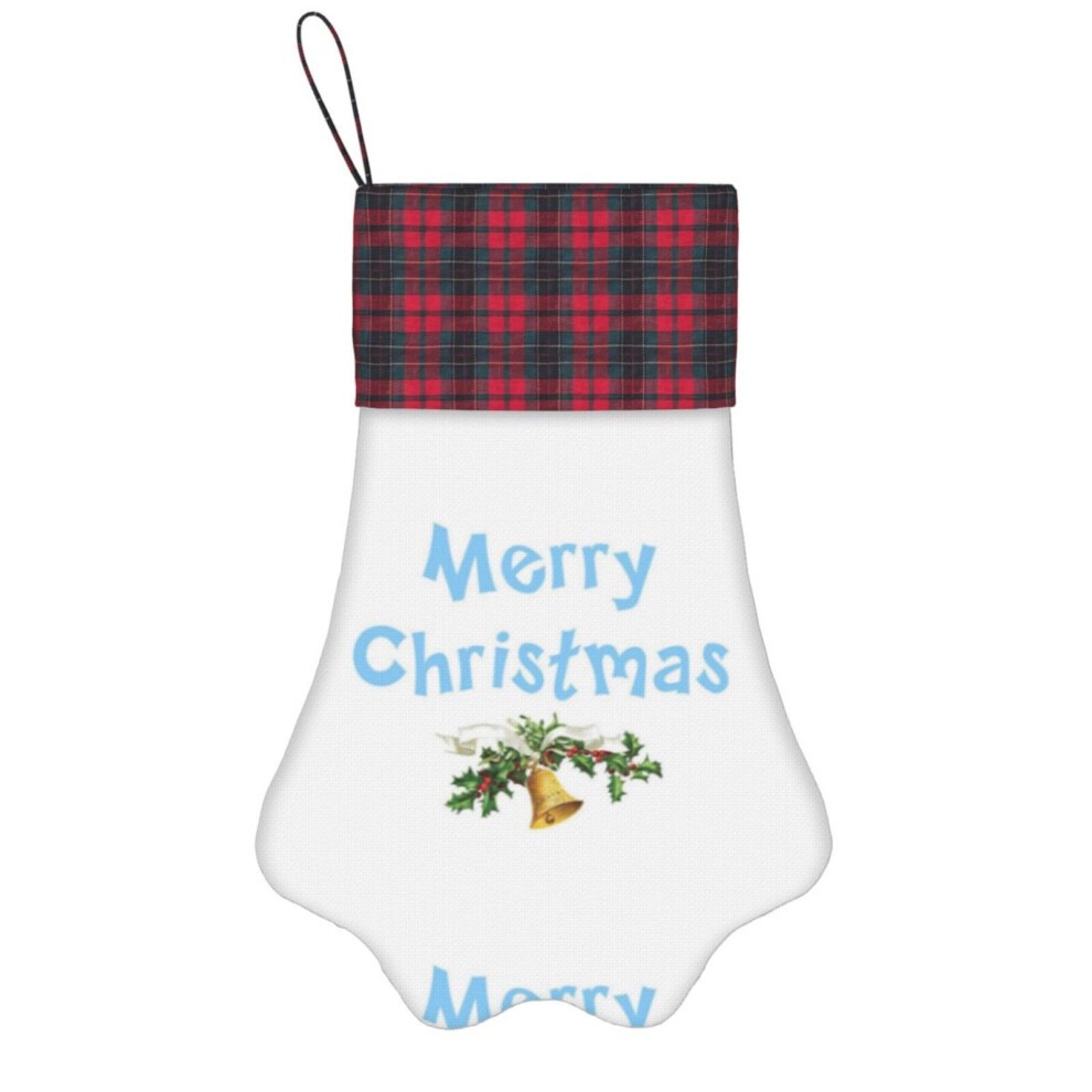 (Merry Christmas and Holly Bell in Blue=5513) Paw Christmas Stockings Buffalo Tartan Plaid for Cats Dogs Pet Hanging Xmas Tree Decorations