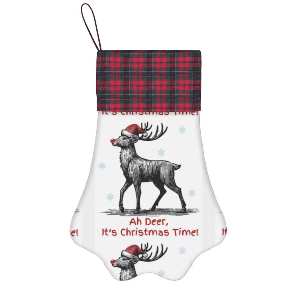 (Cute Reindeer Santa - Ah Deer It's Christmas Time - Funny Minimalist Animal Art=4875) Paw Christmas Stockings Buffalo Tartan Plaid for Cats Dogs Pet