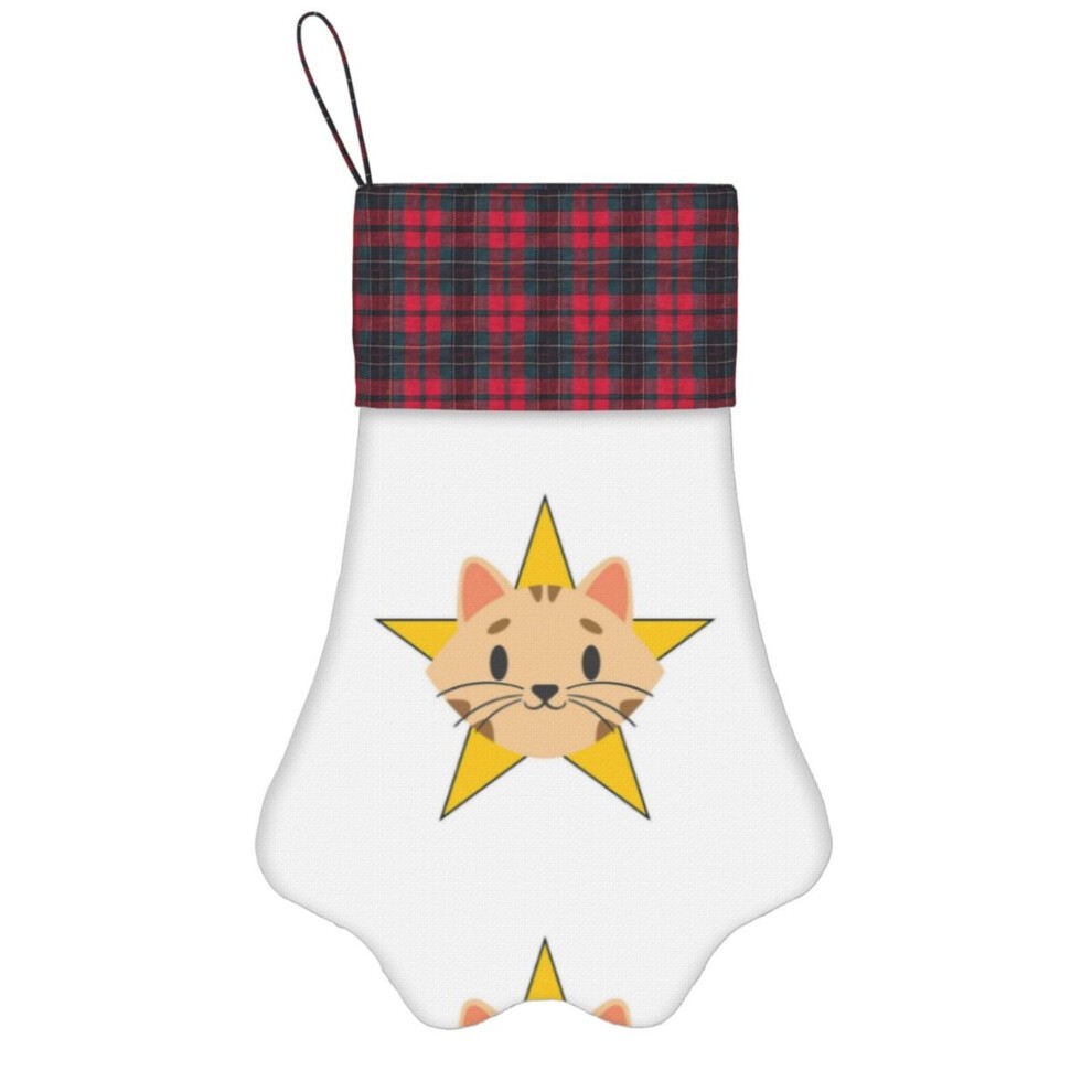 (STAR CAT, CUTE TAN CAT STAR=6974) Paw Christmas Stockings Buffalo Tartan Plaid for Cats Dogs Pet Hanging Xmas Tree Decorations