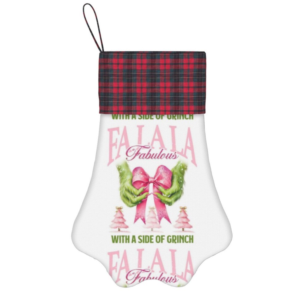 (Pink Preppy Bow in Grinch Hands for Soft Girl=9764) Paw Christmas Stockings Buffalo Tartan Plaid for Cats Dogs Pet Hanging Xmas Tree Decorations