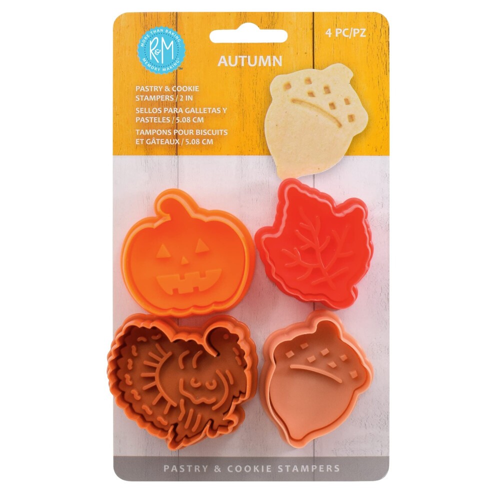 RM Autumn Theam Pastry  Cookie Stamper Set of 4 Assorted Designs  Colors  Turkey  Acorn  Pumpkin  Oak Leaf 2 Inch Assorted