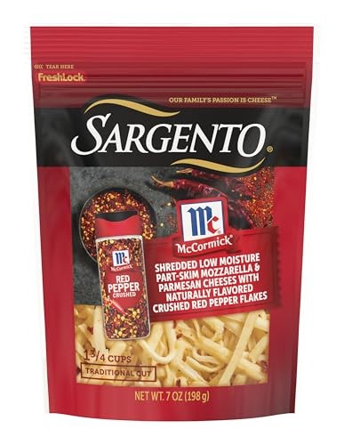 Sargento McCormick Natural Mozzarella & Parmesan Shredded Cheeses with Crushed Red Pepper, Traditional Cut, 7 Oz.