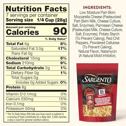 Sargento McCormick Natural Mozzarella & Parmesan Shredded Cheeses with Crushed Red Pepper, Traditional Cut, 7 Oz. thumbnail
