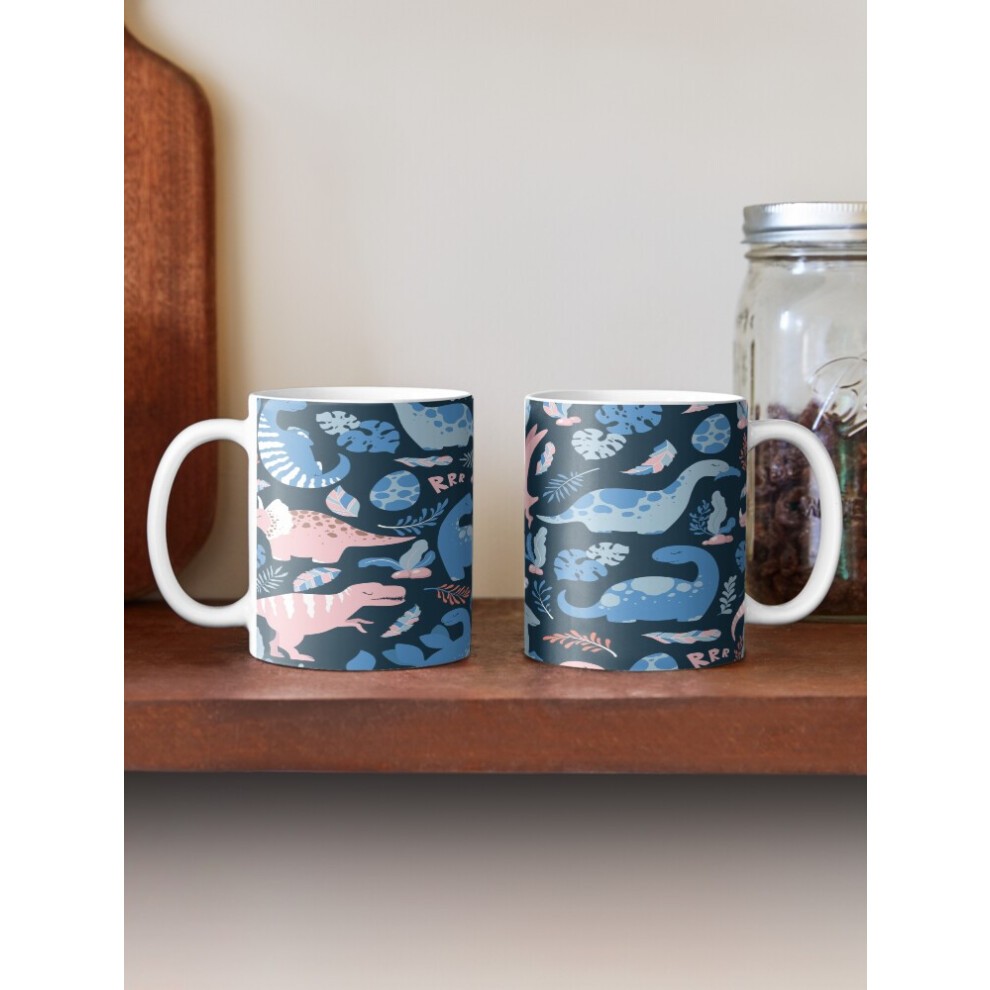 (Cute Cartoon Dinosaurs, Leaves and Branches Pattern on Blue-7786) Coffee Mugs 11oz CHILLIN LIKE a VILLIAN Super Primium Graphic (ProAry) Ceramic Mug