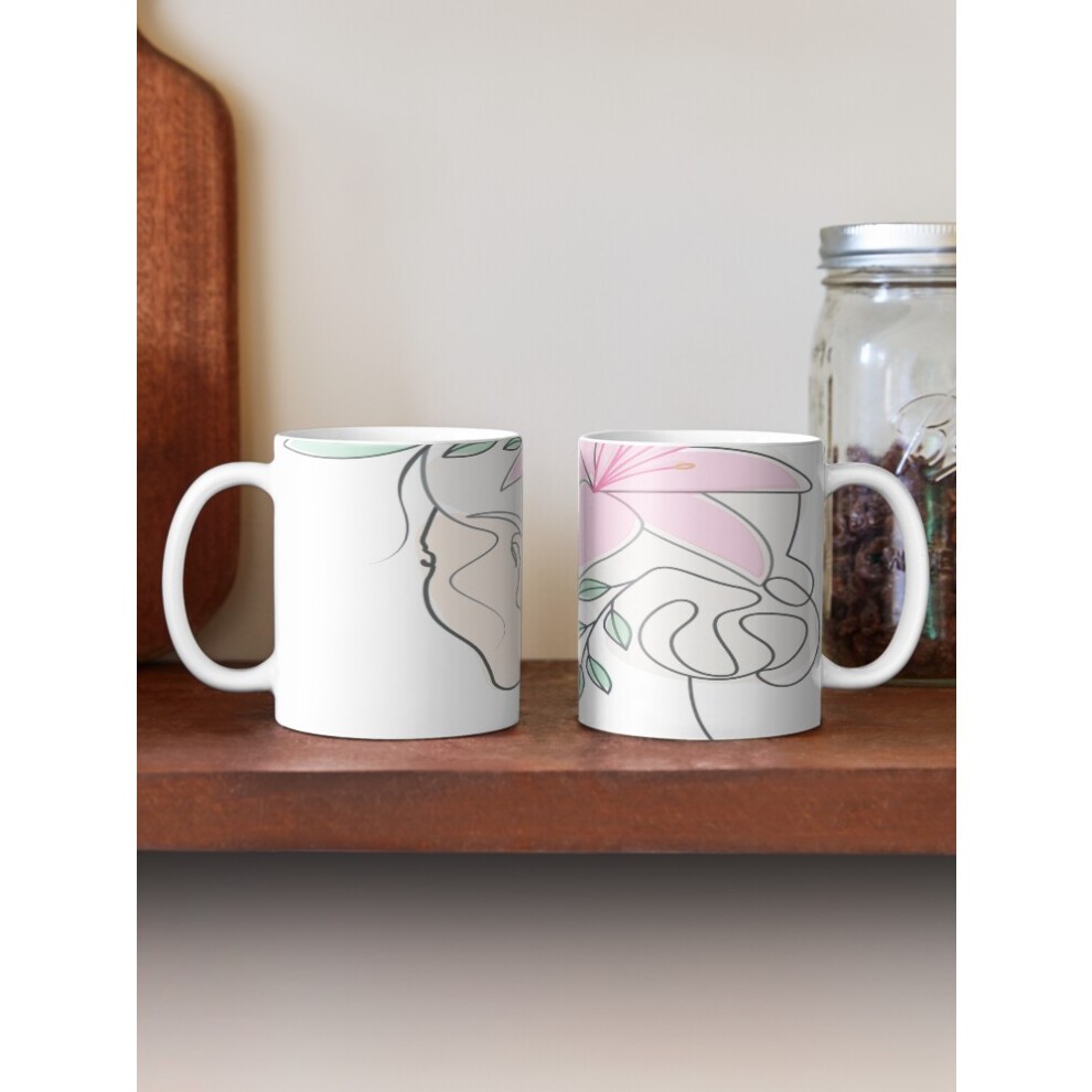 (Abstract Woman Looking Back with Flowers Line Art Boho Style-9657) Coffee Mugs 11oz Mikrokosmos Ceramic Mug Cute Novelty Christmas Gifts