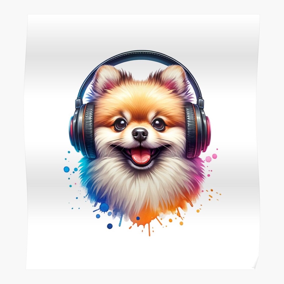 (Pomeranian with Headphones=3439) Posters 16x20