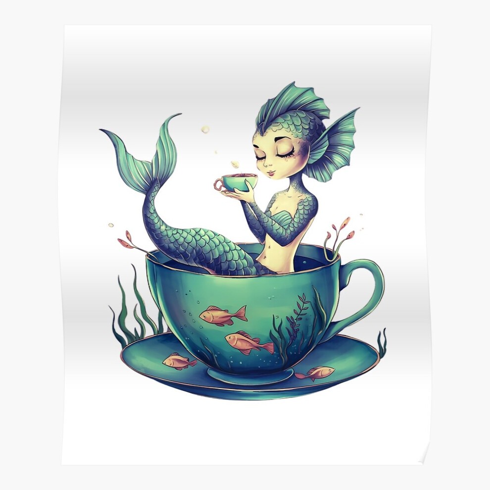 (Whimsical Enchanting Mermaid in Teacup Drinking Tea in Deep Sea=6678) Posters 16x20