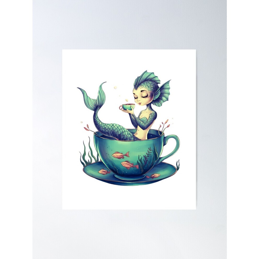 (Whimsical Enchanting Mermaid in Teacup Drinking Tea in Deep Sea=6678) Posters 16x20