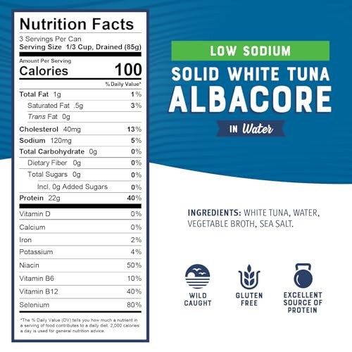 Bumble Bee Low Sodium Solid White Albacore Tuna in Water, 12 Oz Can - Wild Caught Tuna - 22g Protein per Serving, High in Omega-3s - Non-GMO Project V thumbnail