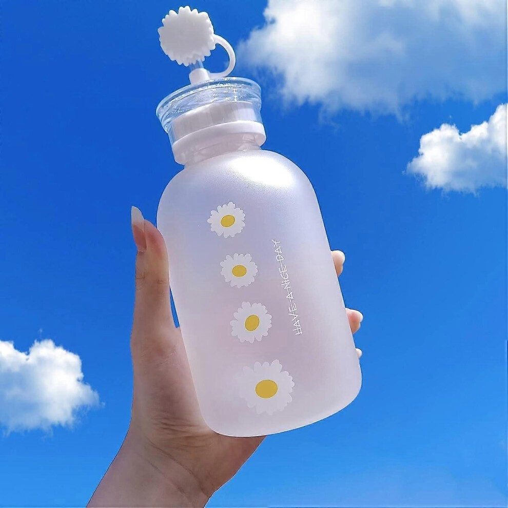 (as Show, One Size) Cute Water Bottles Kawaii Aesthetic Water Bottles Milk Juice Daisy Glass Water Cup for Girls, Straw and 2 Lids, 16 Oz (Four Flower