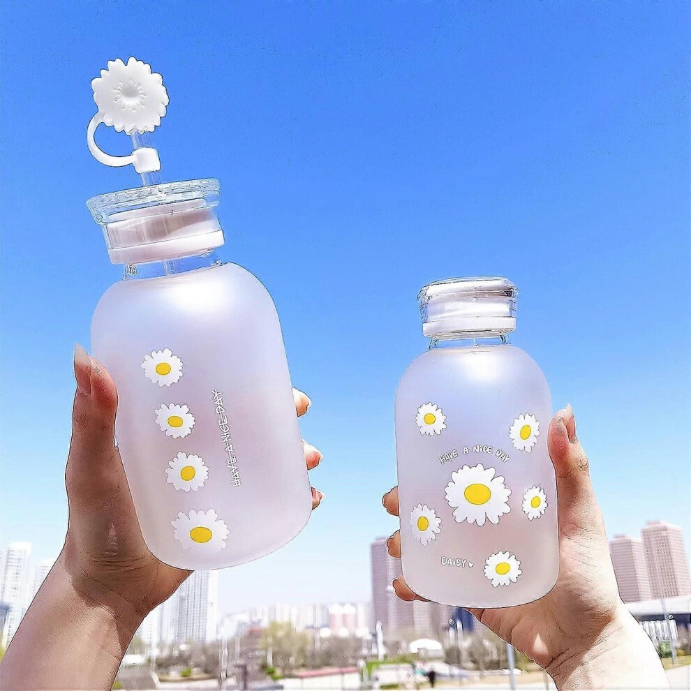(as Show, One Size) Cute Water Bottles Kawaii Aesthetic Water Bottles Milk Juice Daisy Glass Water Cup for Girls, Straw and 2 Lids, 16 Oz (Four Flower thumbnail