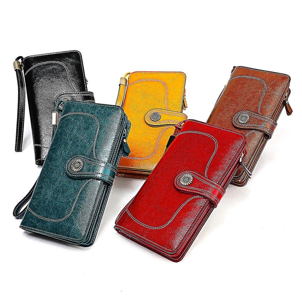 (Red 3535, One Size) Women Long Wallet Wax Genuine Leather Clutch Wristlet Purse Credit Card Holder Organizer Ladies Purse