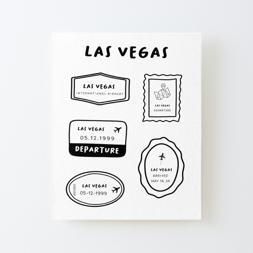Framed Canvas Print Las Vegas - Travel Stamp Collection Minimalist Design Black and White=5674 DIY Install Kit - 16x20
