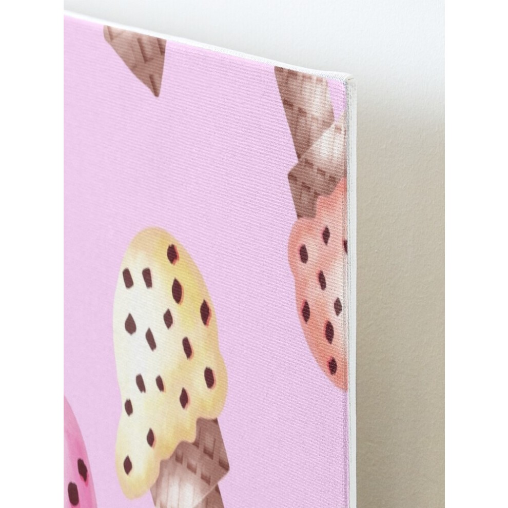 Framed Canvas Print Painterly Ice Cream Cones in Yellow, Pink and Peach on a Purple Pink=6278 DIY Install Kit - 16x20