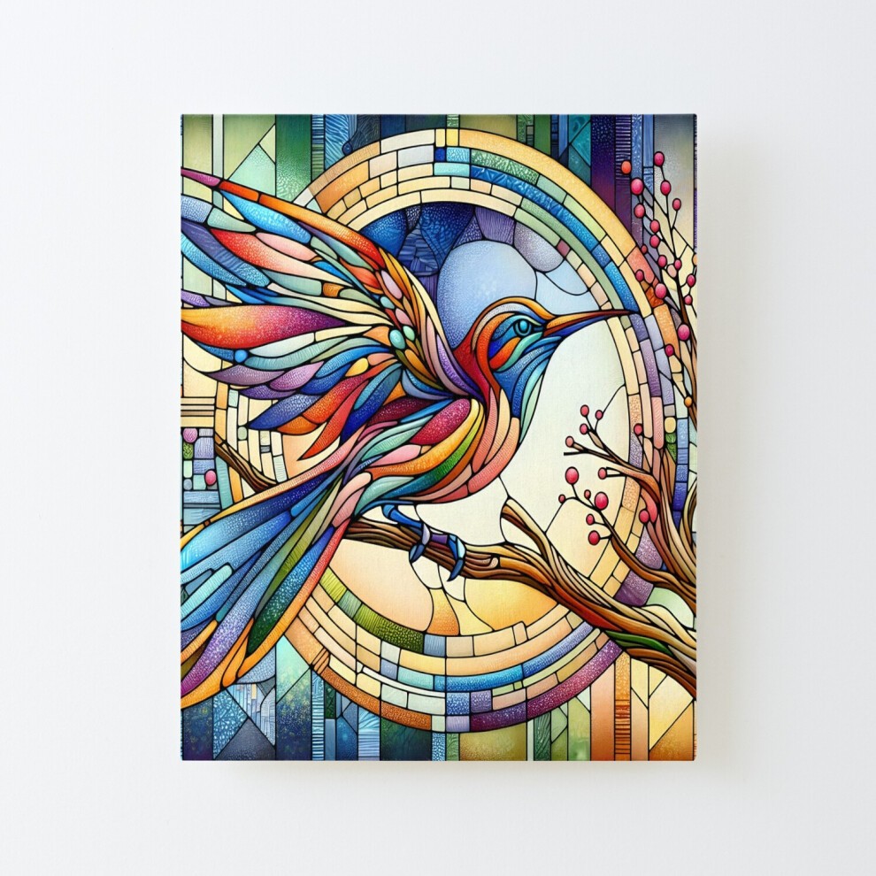 Framed Canvas Print a.I. Psychedelic Stained-Glass Bird in Tree 0002 FunFractals ChromaDepth 3D=9318 DIY Install Kit - 16x20