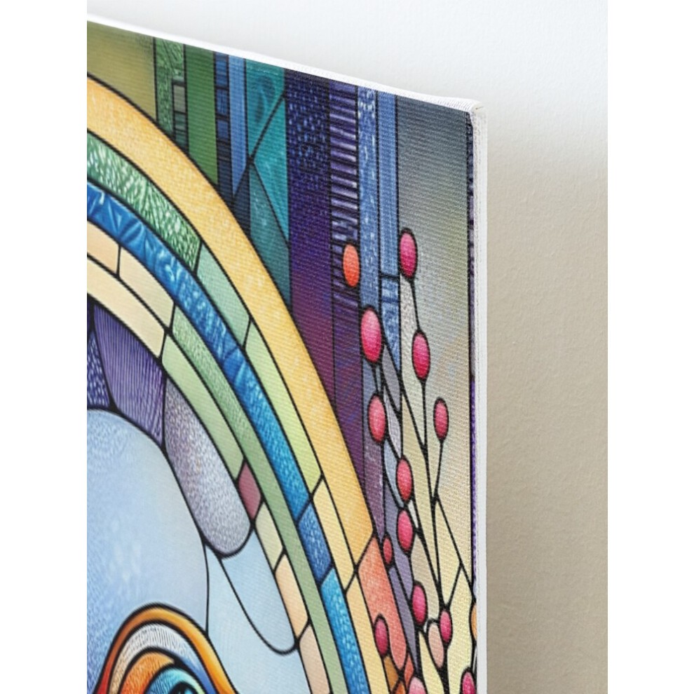 Framed Canvas Print a.I. Psychedelic Stained-Glass Bird in Tree 0002 FunFractals ChromaDepth 3D=9318 DIY Install Kit - 16x20
