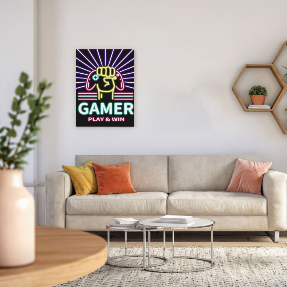 (Neon Gamer Play and Win=4962) Canvas Print Framed DIY Install Kit- 16x20