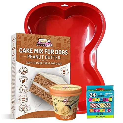 Puppy Cake Cake and Ice Cream All Natural Fluffy & Moist Dog Birthday Cake Kit in with Peanut Butter, Your Choice of Ice Cream Mix, Bone Silicone Pan 