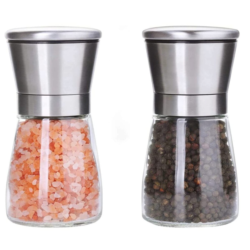 ALAYSTAR Deluxe Glass Grinder Mill Set for Pepper and Salt - Made of Stainless Steel and Has a Modern Design- Simple to Fill and Clean