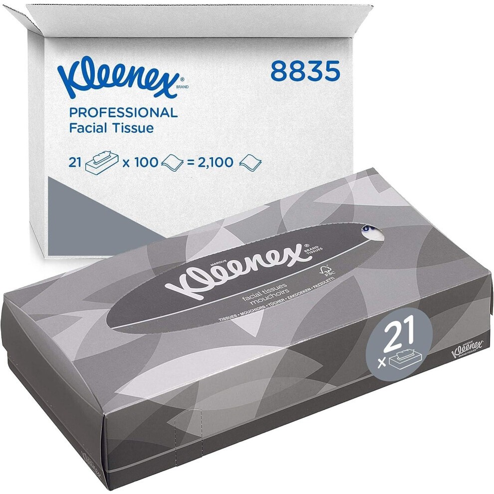 Kleenex Facial Tissue Box 8835 - Soft, Strong and Absorbent - 21 X 100 (2100 Facial Tissues) White, 2-ply, Fragrance-free