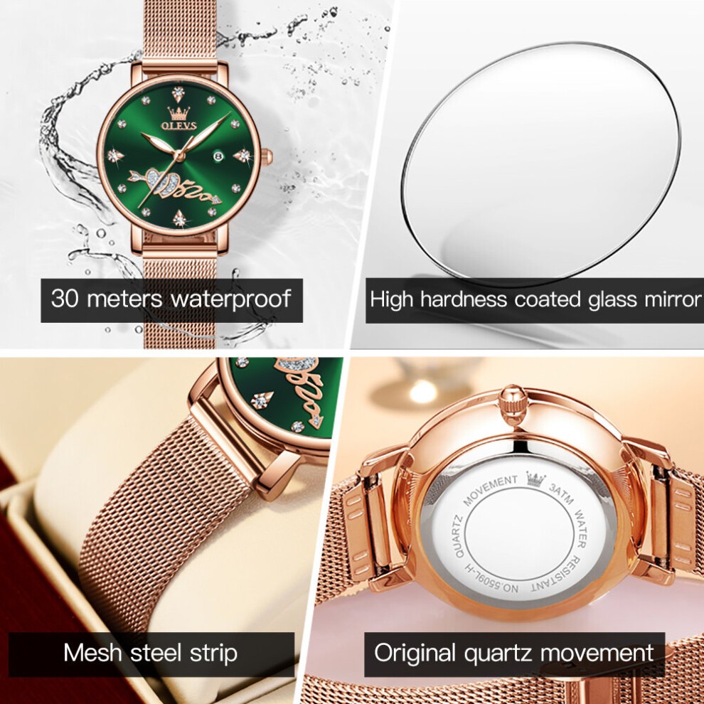 Women Watch Top Lady Girl Wristwatch Green Stainless Steel Bracelet Classic Heart Female Clock Gift 5509 thumbnail