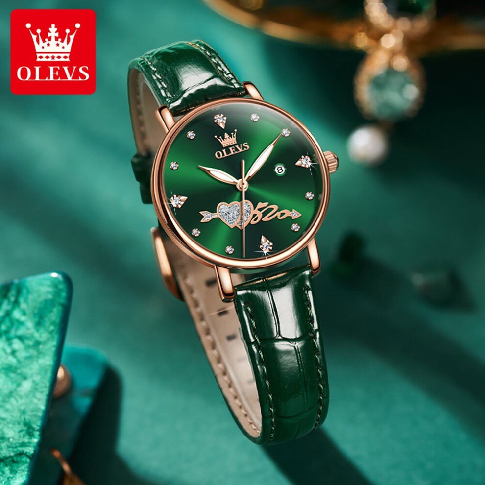 Women Watch Top Lady Girl Wristwatch Green Leather Bracelet Classic Heart Female Clock Gift 5509 thumbnail