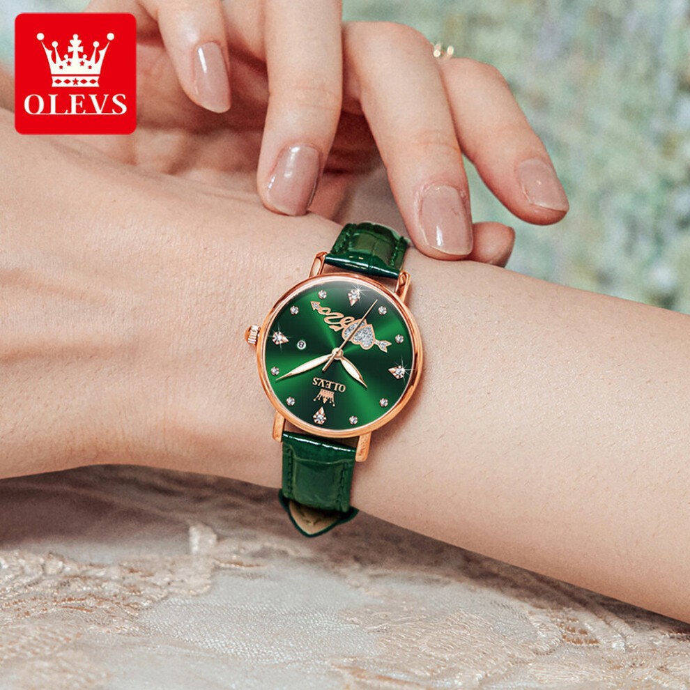 Women Watch Top Lady Girl Wristwatch Green Leather Bracelet Classic Heart Female Clock Gift 5509 thumbnail