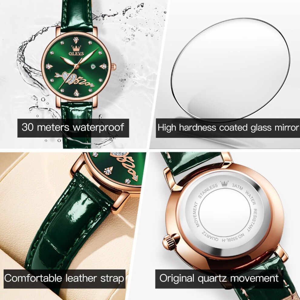 Women Watch Top Lady Girl Wristwatch Green Leather Bracelet Classic Heart Female Clock Gift 5509 thumbnail