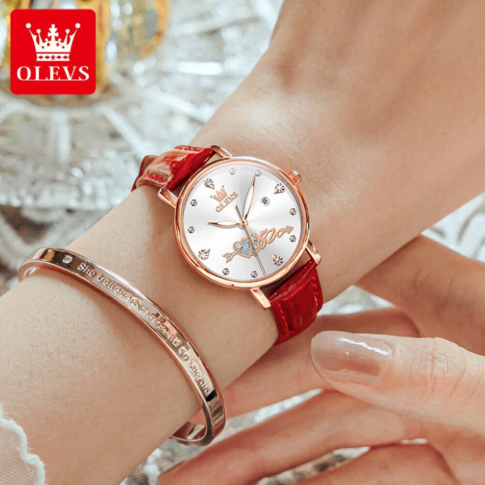 Women Watch Top Lady Girl Wristwatch Red Leather Bracelet Classic Heart Female Clock Gift 5509 thumbnail
