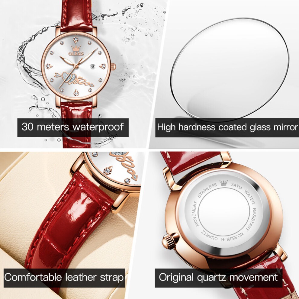Women Watch Top Lady Girl Wristwatch Red Leather Bracelet Classic Heart Female Clock Gift 5509 thumbnail