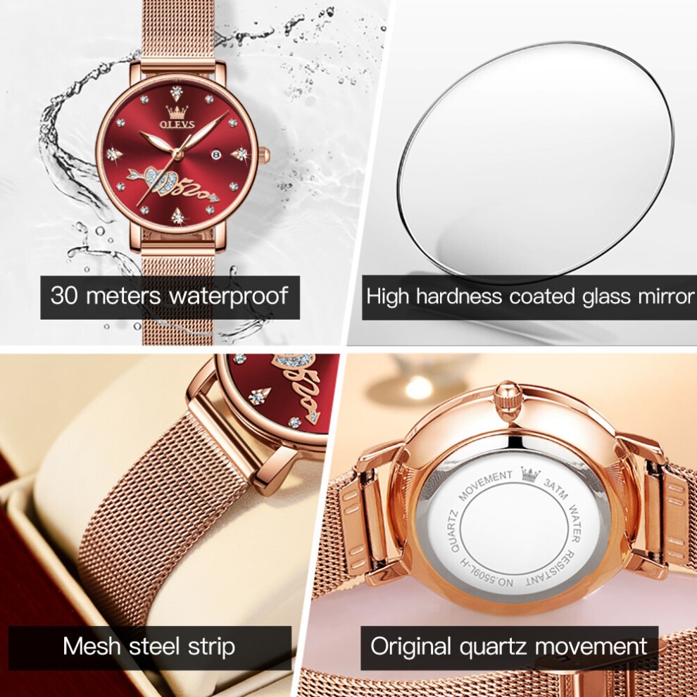 Women Watch Top Lady Girl Wristwatch Red Stainless Steel Bracelet Classic Heart Female Clock Gift 5509 thumbnail