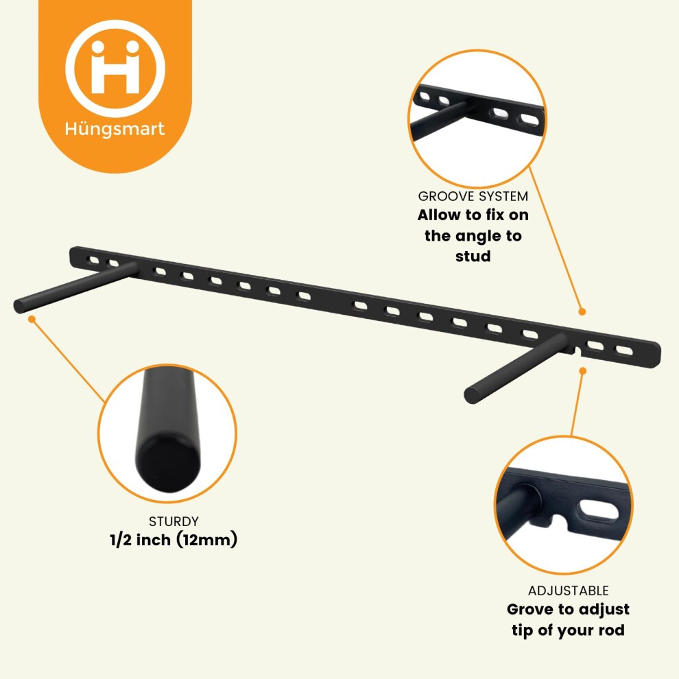 Hungsmart (Set of 4) 22 X 3/4 Inch Floating Shelf Brackets Designed for 1 Inch Thick Custom Shelves Hidden Floating Shelf Hardware (6 Inch Rod) Black