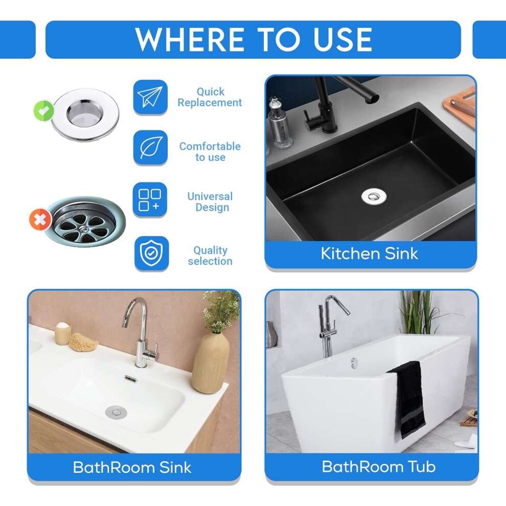 Universal Sink Plug Replacement with Extra Rings(30-55mm/1.8-2.2in) |Push Type Copper Bounce Core Bath Plugs |Premium Pop up Sink Plugs for Bathroom & thumbnail
