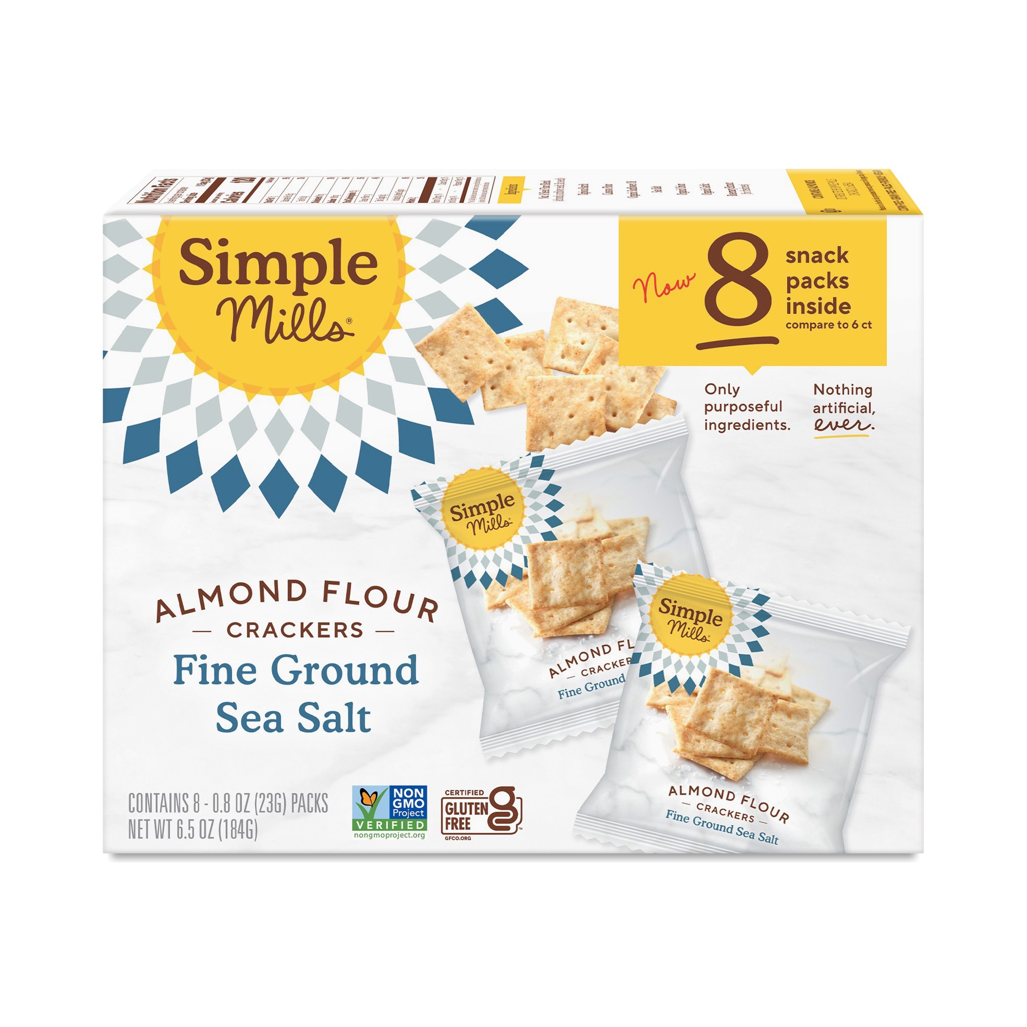 Simple Mills, Almond Flour Crackers, Fine Ground Sea Salt, 8 Packs, 0.8 Oz (23 G) Each