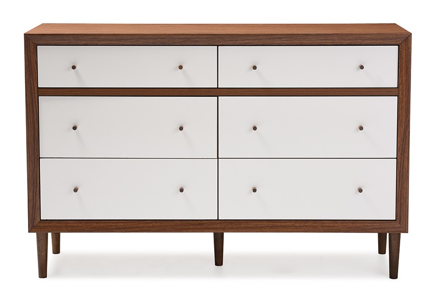 FP-6781-Walnut-White Harlow Mid-Century Modern Scandinavian Style White & Walnut Wood 6-Drawer Storage Dresser - 35.69 X 53.98 X 16.3 in