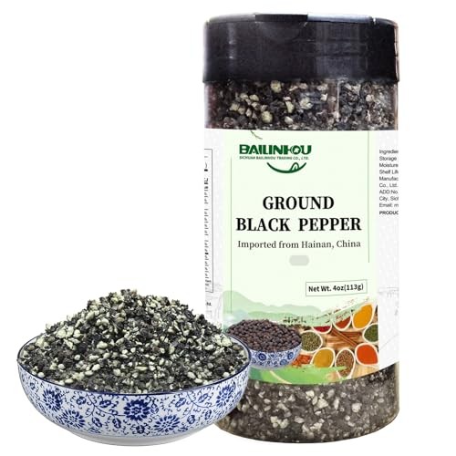 BAILINHOU Chinese Coarse Grain Ground Black Pepper 4oz/114g, Hainan Black Peppercorns Powder, Ground Black Peppercorns Imported of China (Coarse Grain