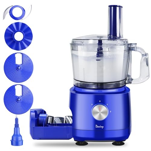 Davivy Food Processor 7 Cup,Built-in Storage Drawer Small Food Processor with 10 Set Blades,French Fry Cutting,Wavy Slicing for Home Use,3-Speed, Blue