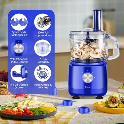 Davivy Food Processor 7 Cup,Built-in Storage Drawer Small Food Processor with 10 Set Blades,French Fry Cutting,Wavy Slicing for Home Use,3-Speed, Blue thumbnail